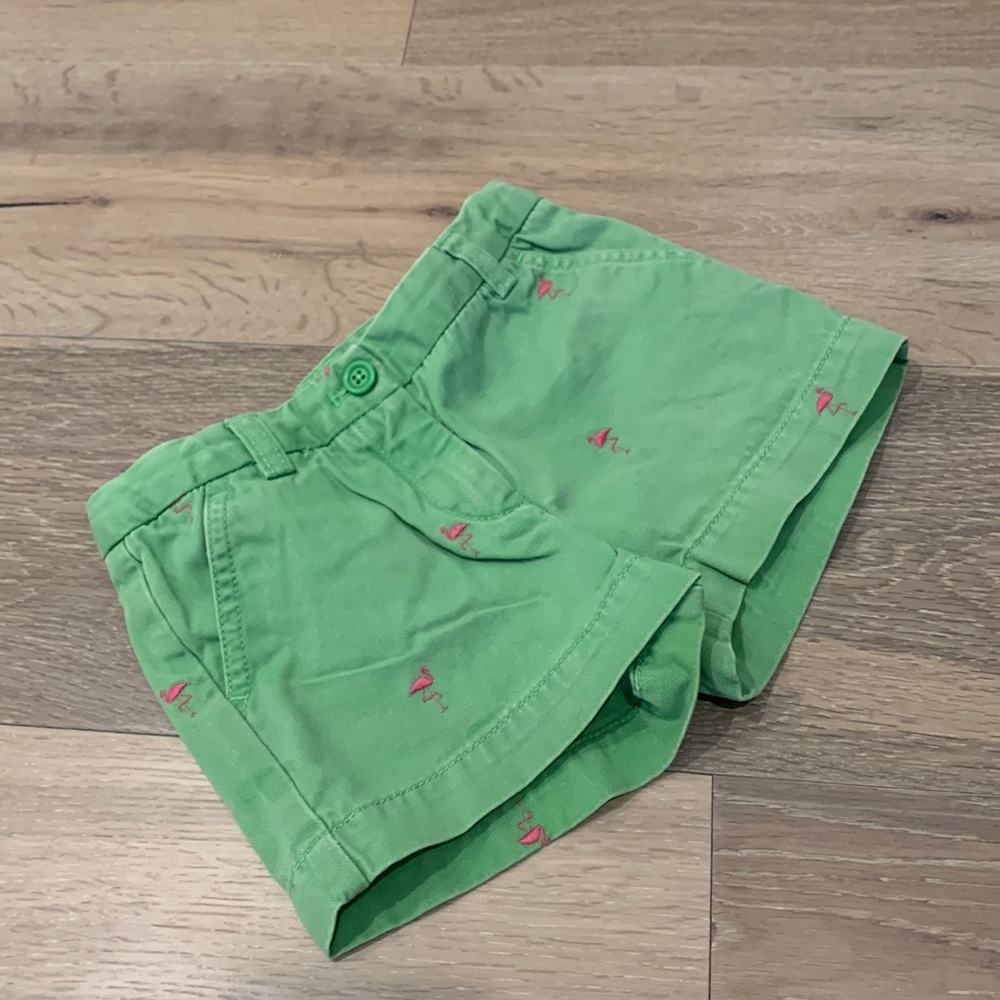 Crewcuts preppy embroidered flamingo critter shorts green pink girls size 4